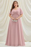 V-Neck Short Sleeves Empire Waist A-line Chiffon Maxi Dress