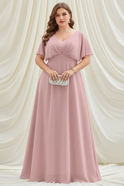 V-Neck Short Sleeves Empire Waist A-line Chiffon Maxi Dress