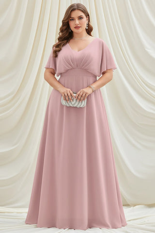 V-Neck Short Sleeves Empire Waist A-line Chiffon Maxi Dress