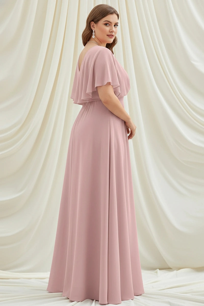 V-Neck Short Sleeves Empire Waist A-line Chiffon Maxi Dress