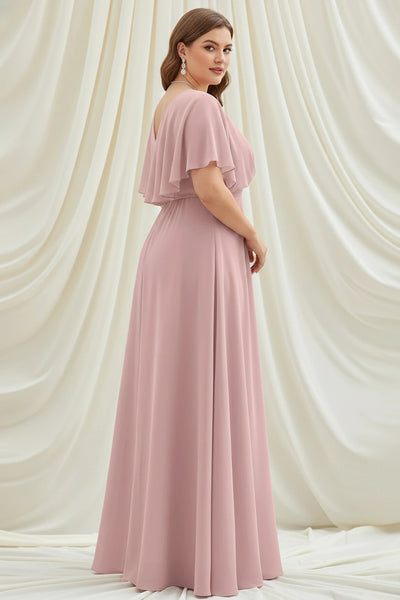 V-Neck Short Sleeves Empire Waist A-line Chiffon Maxi Dress