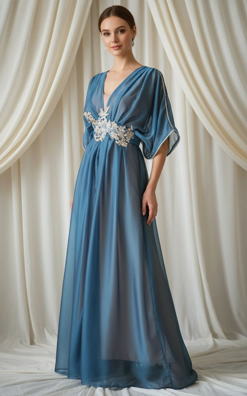 Vintage V-Neck Half Sleeves Chiffon Maxi A-line Dress with Appliques and Sash