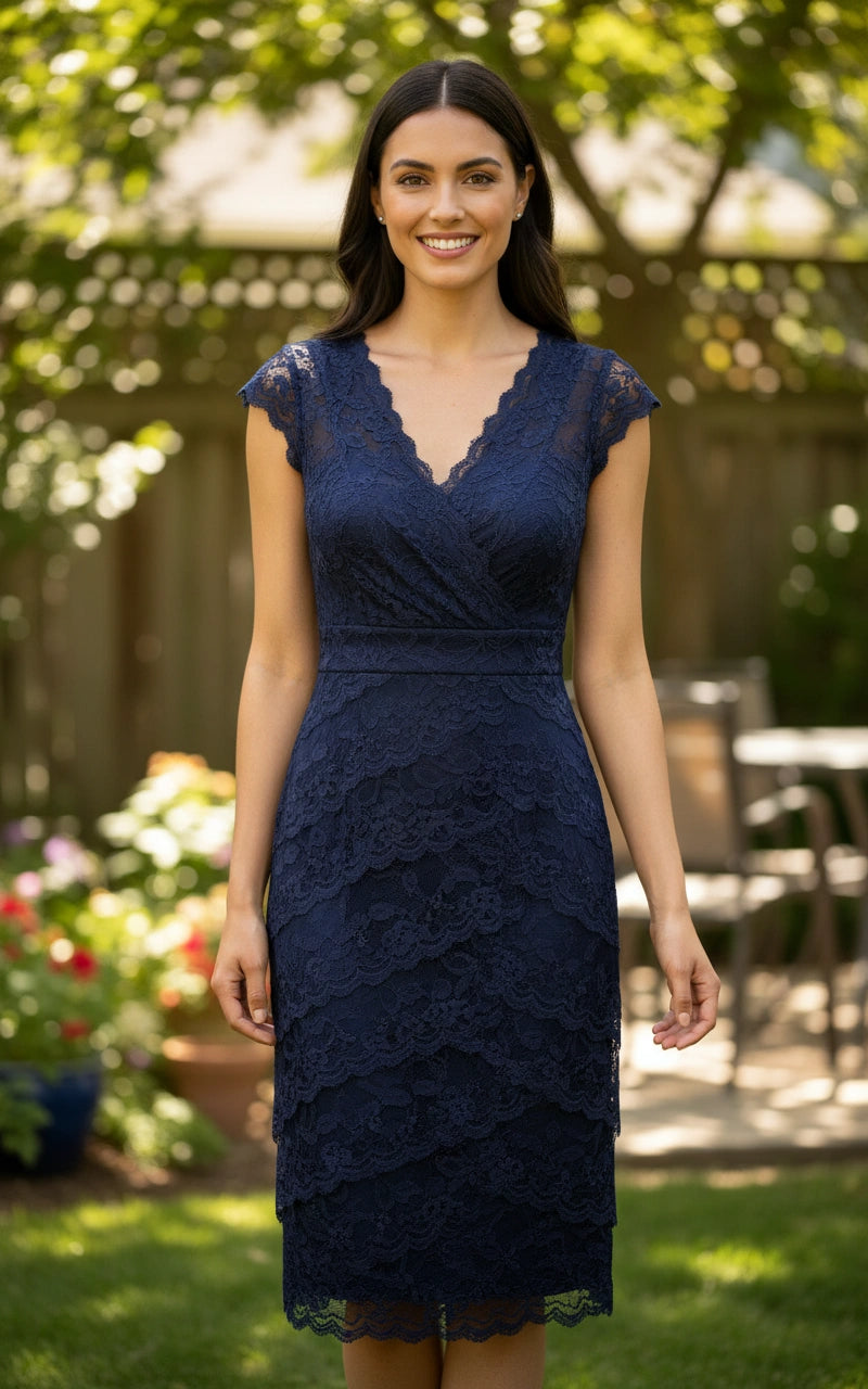 Illusion Back V-Neck Cap Sleeves Sheath Layered Skirt Knee Length Lace Dress