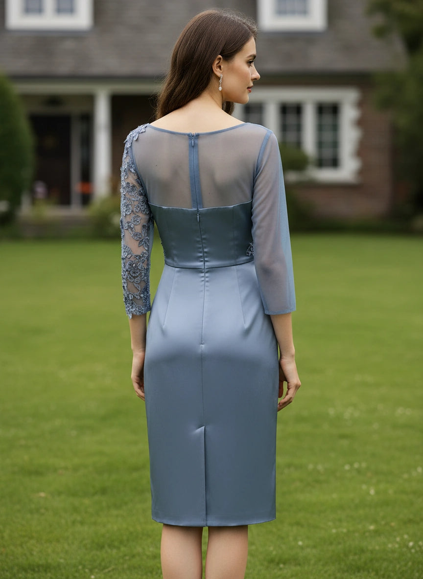 Asymmetrical Neckline 3/5 Sleeves Satin Knee Length Dress With Appliques and Back Slit