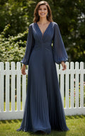 Pleated V-Neck Long Sleeves Chiffon Maxi Dress with Brush Train