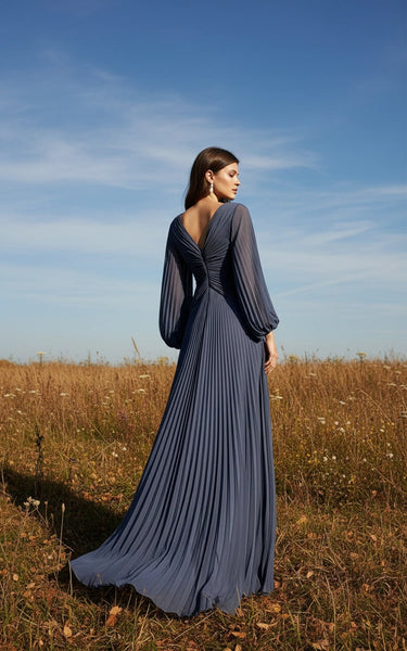 Pleated V-Neck Long Sleeves Chiffon Maxi Dress with Brush Train