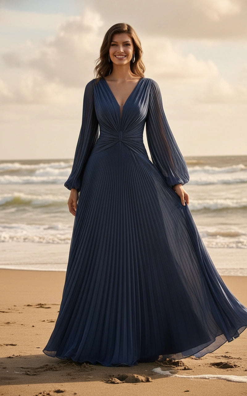 Pleated V-Neck Long Sleeves Chiffon Maxi Dress with Brush Train