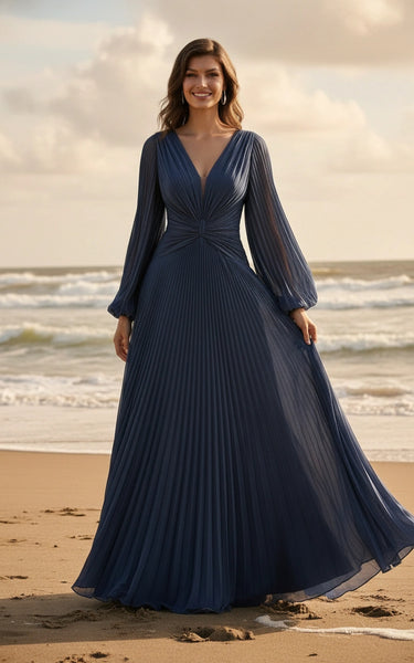 Pleated V-Neck Long Sleeves Chiffon Maxi Dress with Brush Train