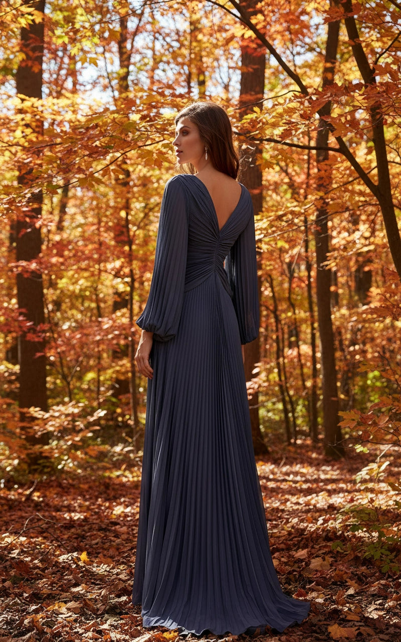 Pleated V-Neck Long Sleeves Chiffon Maxi Dress with Brush Train
