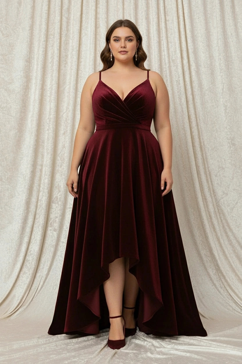 Spaghetti Straps V-Neck Velvet High-low A-line Dress