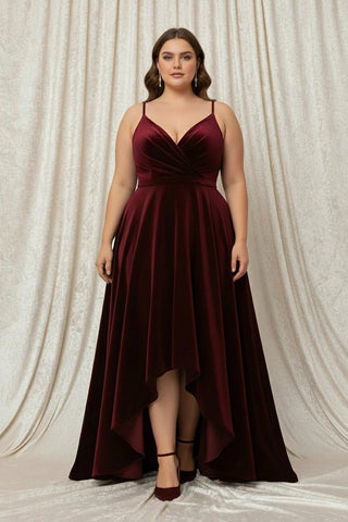 Spaghetti Straps V-Neck Velvet High-low A-line Dress