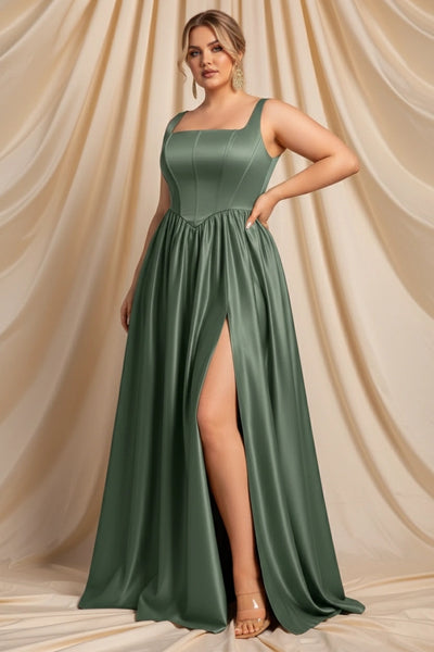 Square Neck Sleeveless Corset Bodice A-line Satin Dress with Slit