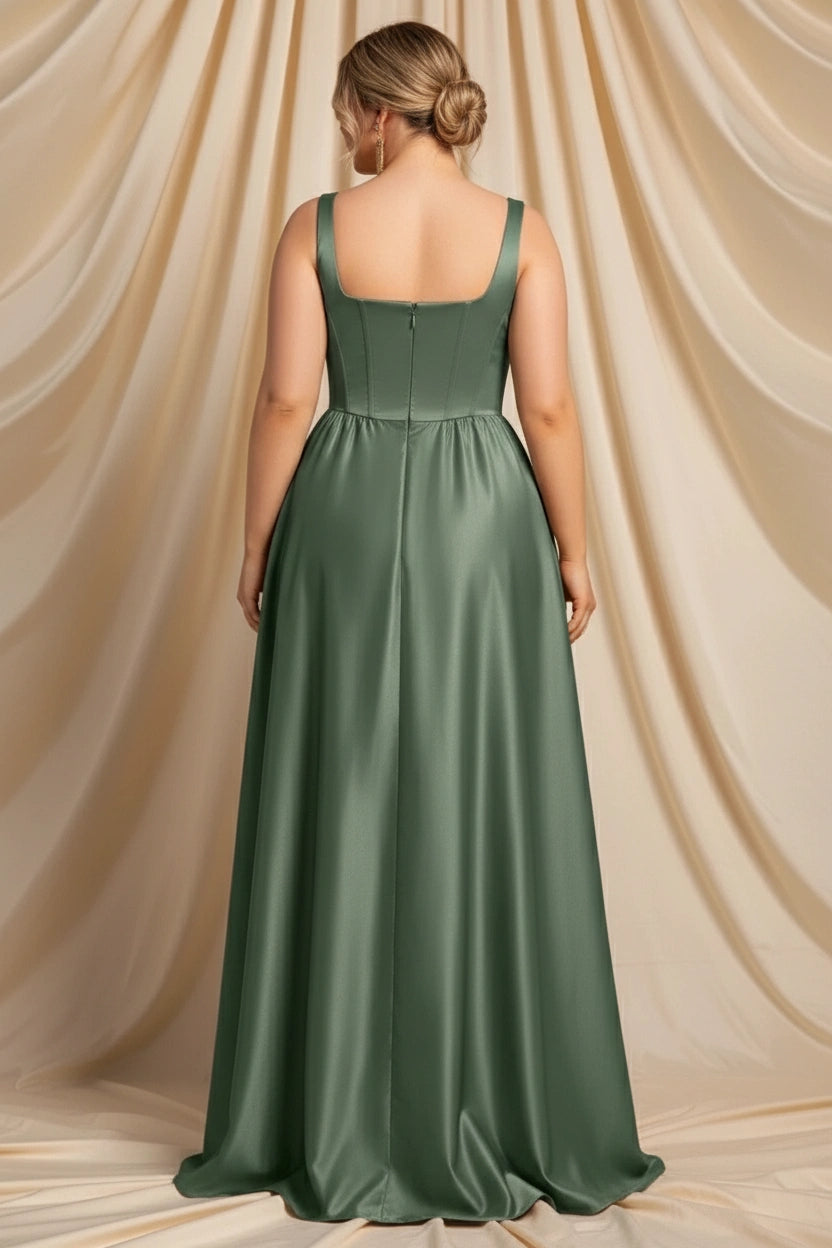 Square Neck Sleeveless Corset Bodice A-line Satin Dress with Slit
