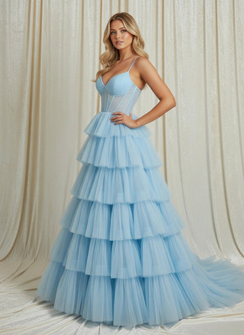 Spaghetti Straps V-Neck Illusion Waist Layered Skirt Tulle Prom Dress