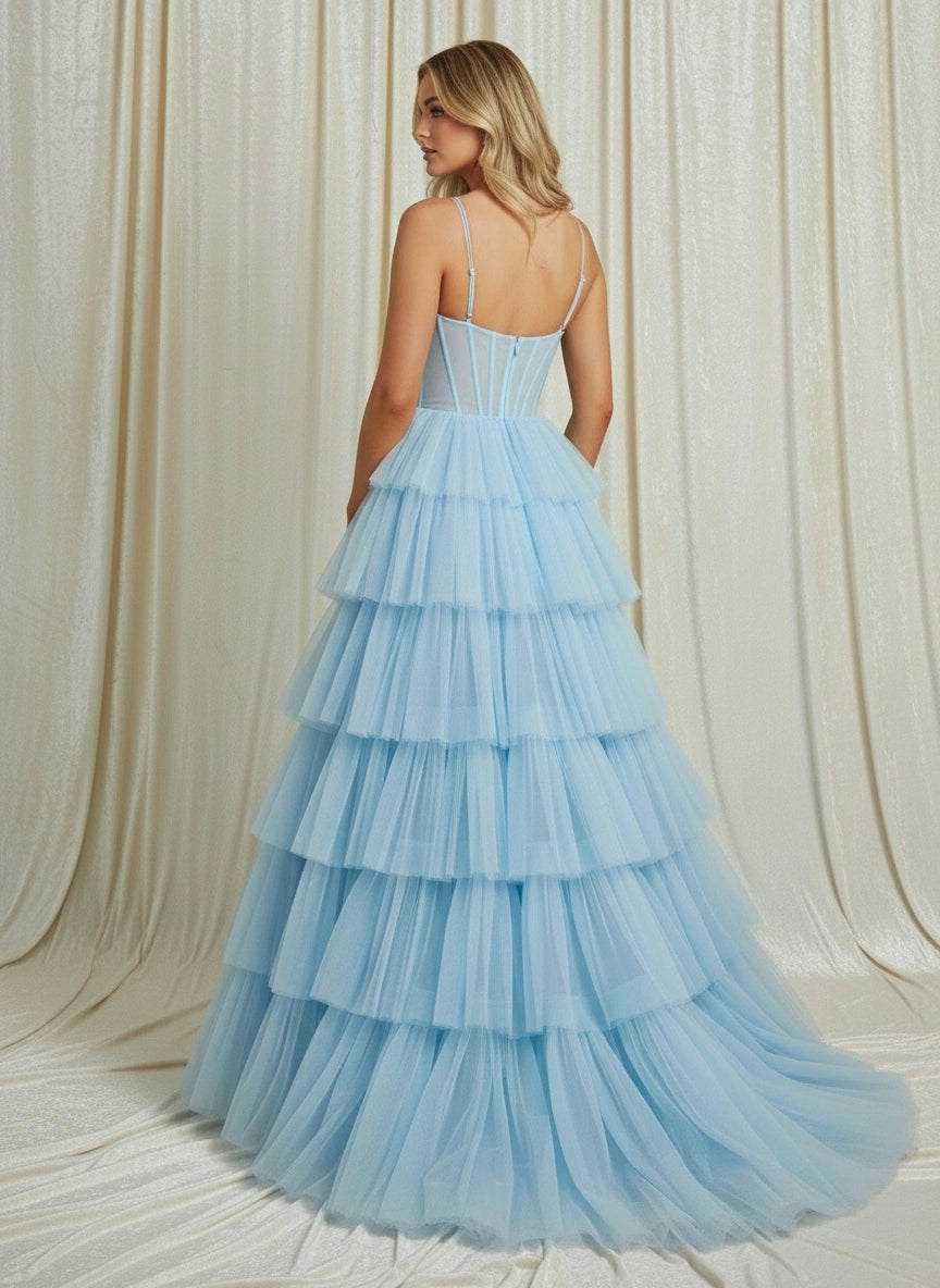 Spaghetti Straps V-Neck Illusion Waist Layered Skirt Tulle Prom Dress