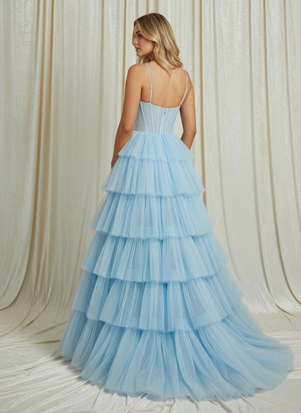 Spaghetti Straps V-Neck Illusion Waist Layered Skirt Tulle Prom Dress