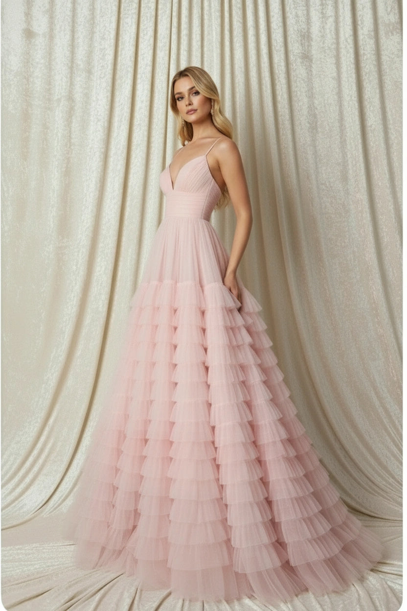 Spaghetti Straps V-neck Pleated Bodice A-line Tiered Tulle Skirt Prom Dress