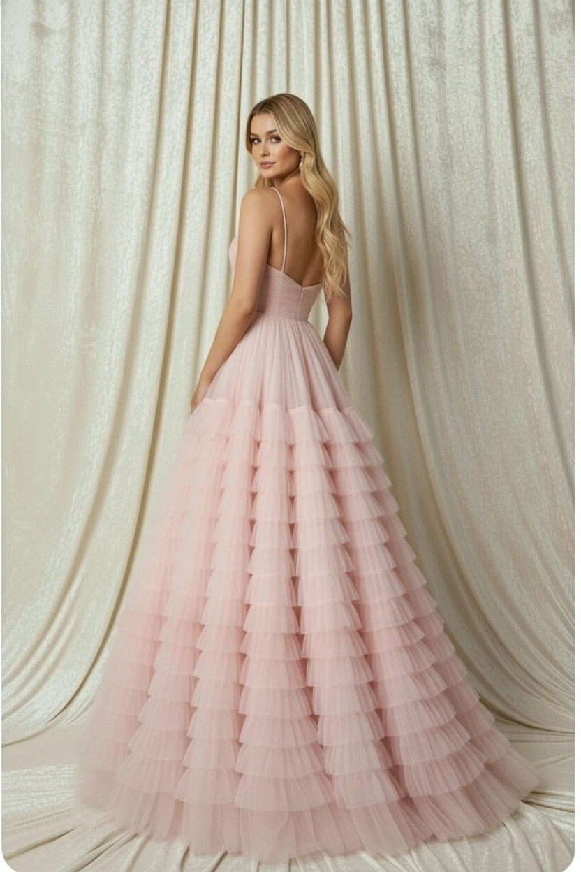 Spaghetti Straps V-neck Pleated Bodice A-line Tiered Tulle Skirt Prom Dress