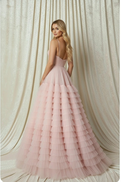 Spaghetti Straps V-neck Pleated Bodice A-line Tiered Tulle Skirt Prom Dress