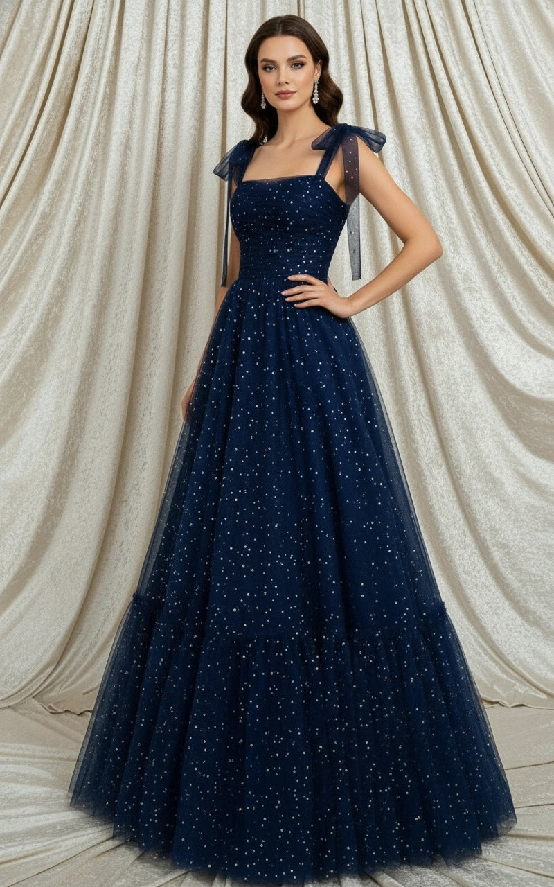 Square Neck Pleated Bodice A-line Tulle Prom Dress