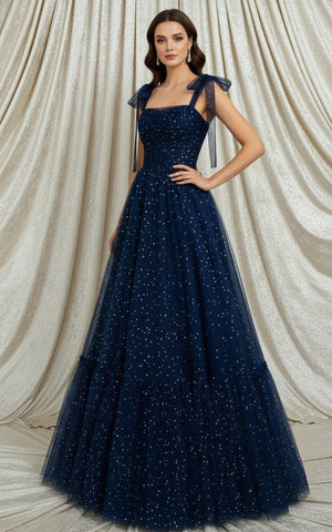 Square Neck Pleated Bodice A-line Tulle Prom Dress