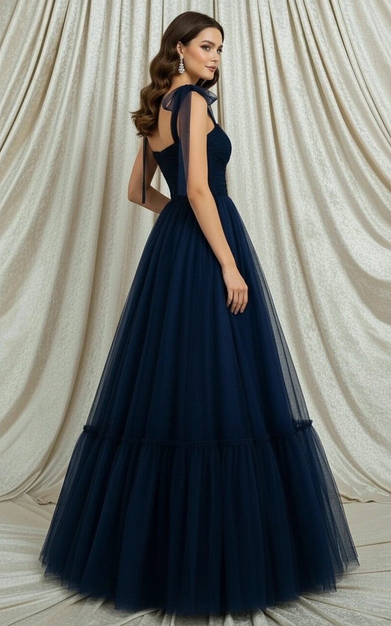 Square Neck Pleated Bodice A-line Tulle Prom Dress