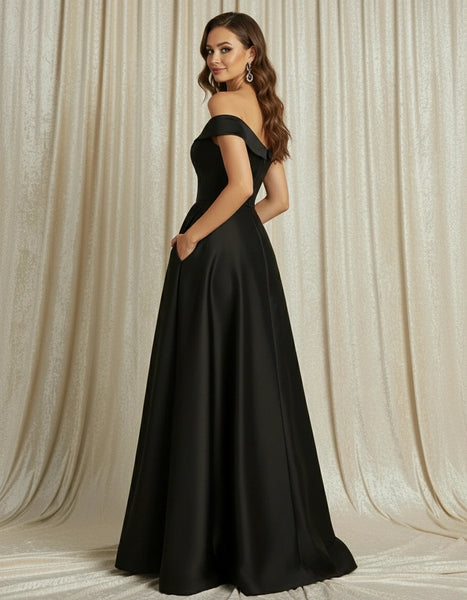 Off-the-Shoulder Satin A-line Evening Dress with Slit and Pockets