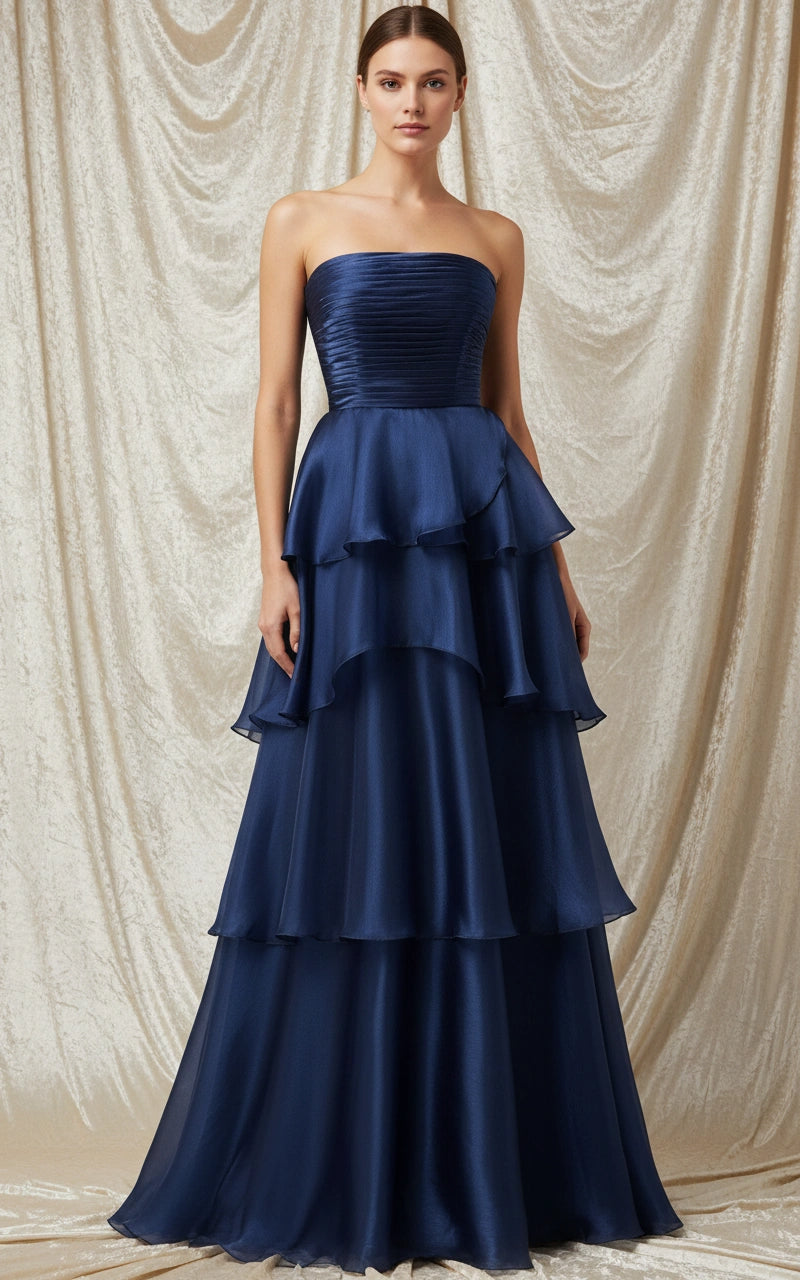 Strapless Pleated Bodice Layered Skirt Organza A-line Evening Dress