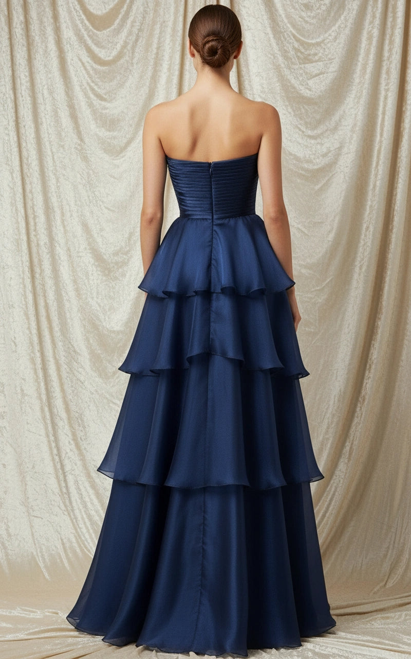 Strapless Pleated Bodice Layered Skirt Organza A-line Evening Dress