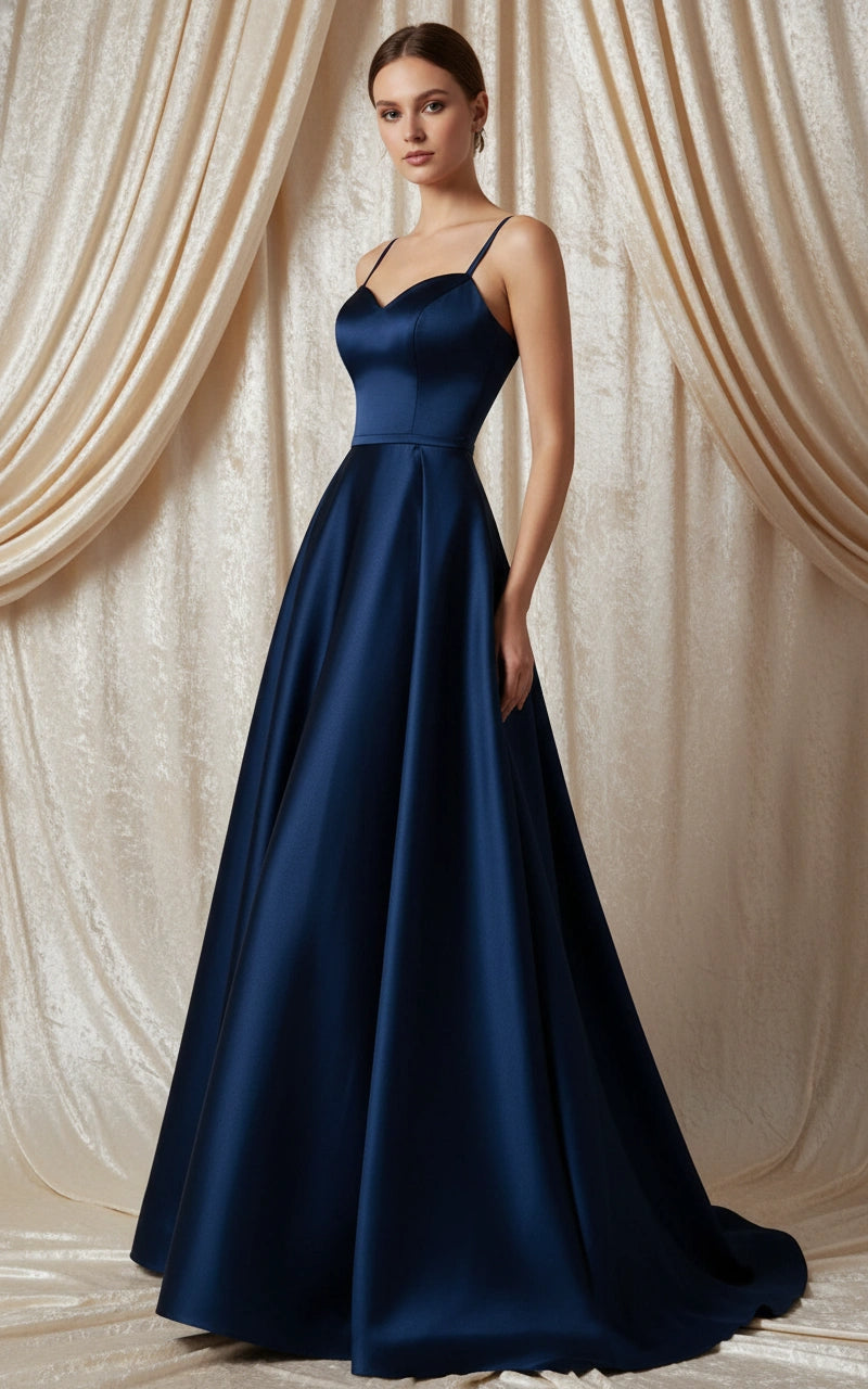 Minimalist Spaghetti Straps Satin A-line Evening Dress with Detachable Belt