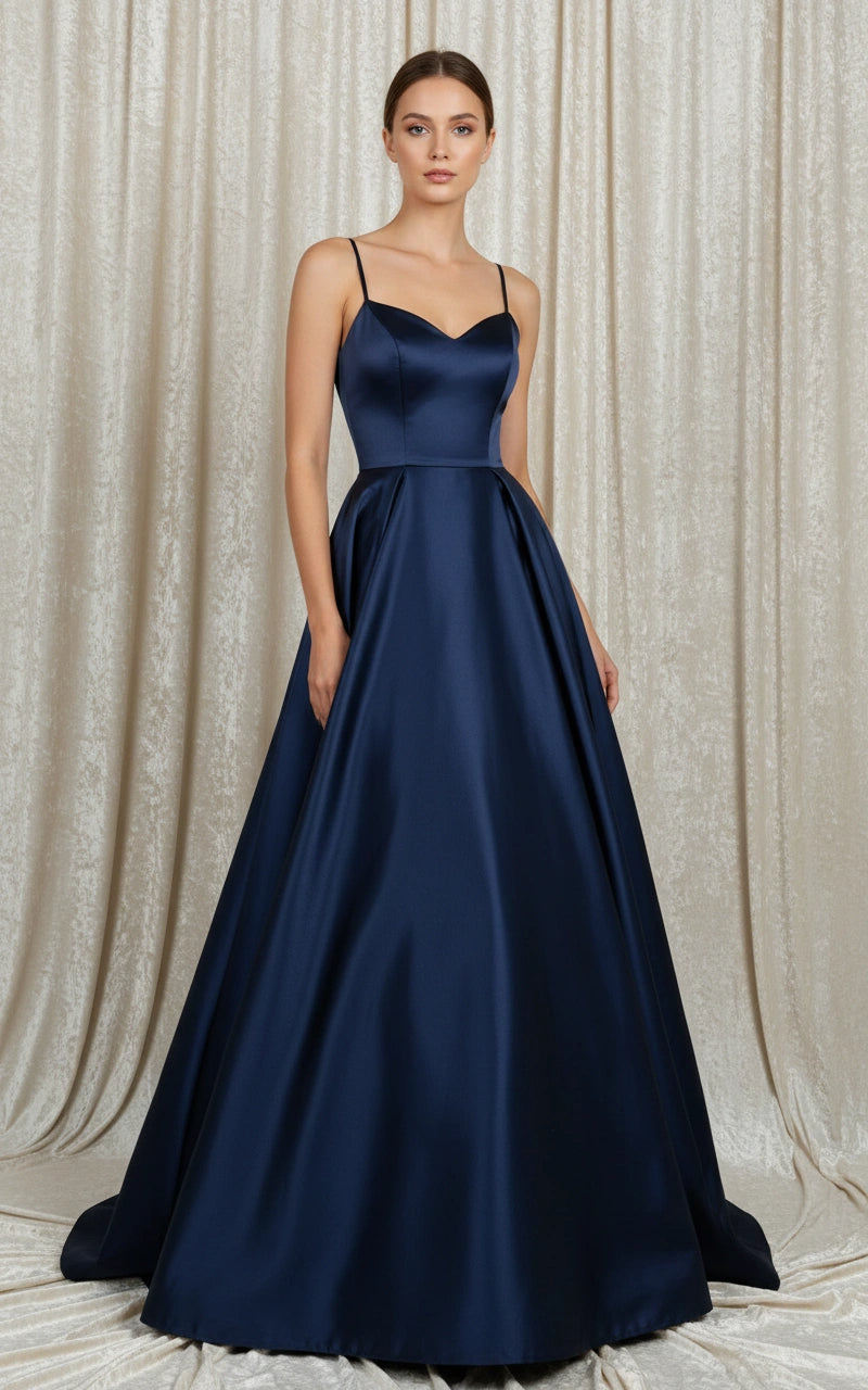 Minimalist Spaghetti Straps Satin A-line Evening Dress with Detachable Belt