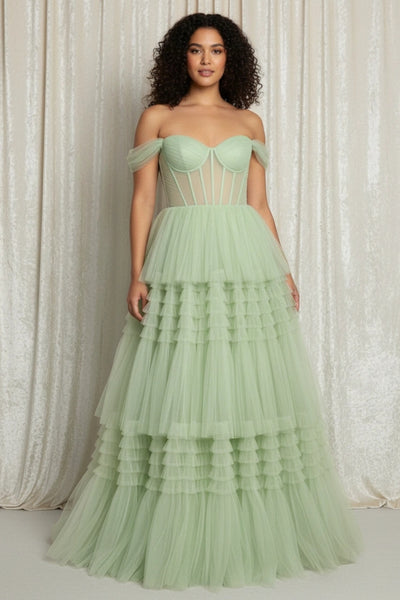 Tiered Skirt Off-the-shoulder Illusion Waist Tulle Prom Dress with Lace-up Back