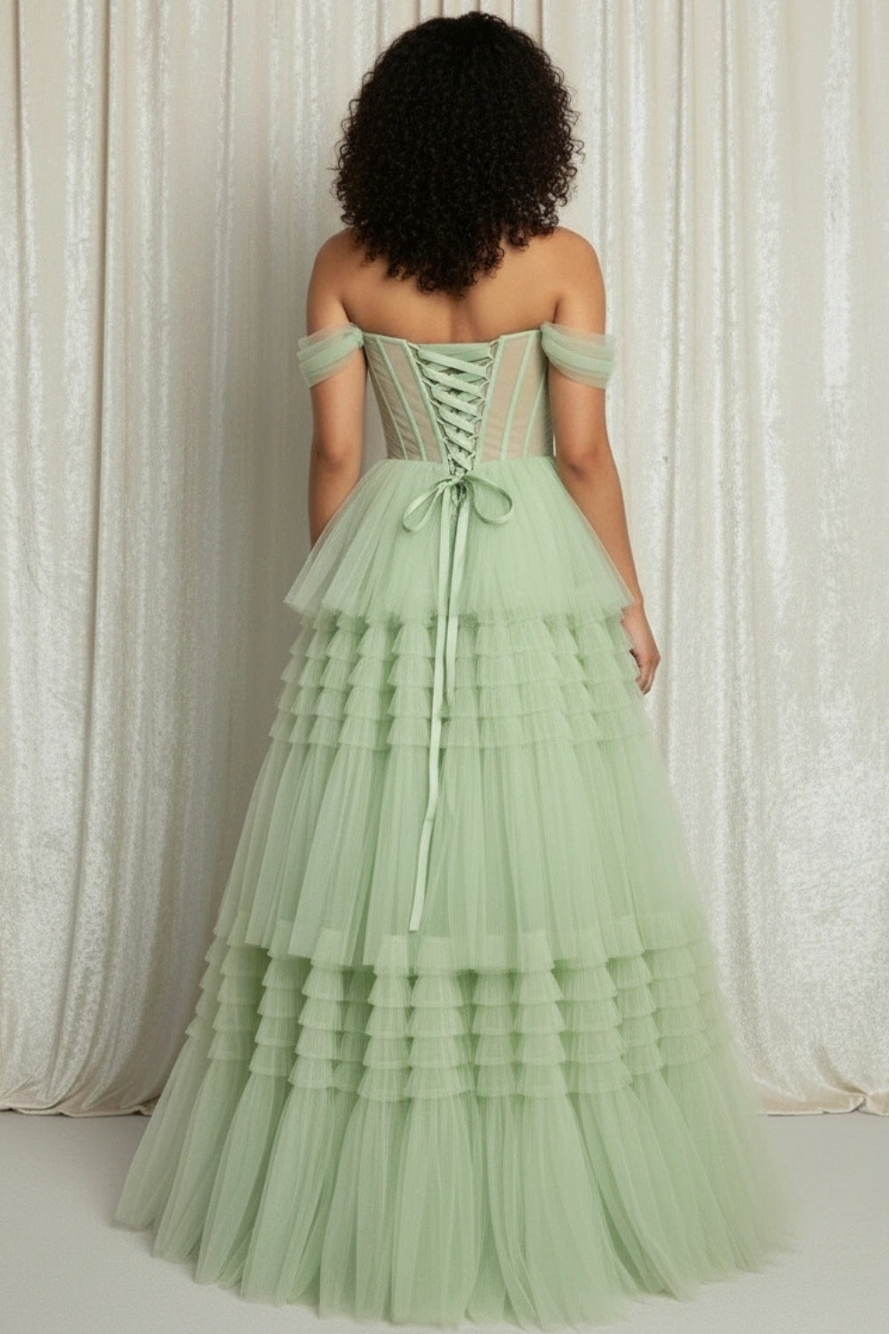 Tiered Skirt Off-the-shoulder Illusion Waist Tulle Prom Dress with Lace-up Back
