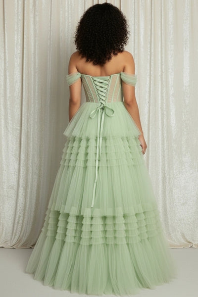Tiered Skirt Off-the-shoulder Illusion Waist Tulle Prom Dress with Lace-up Back