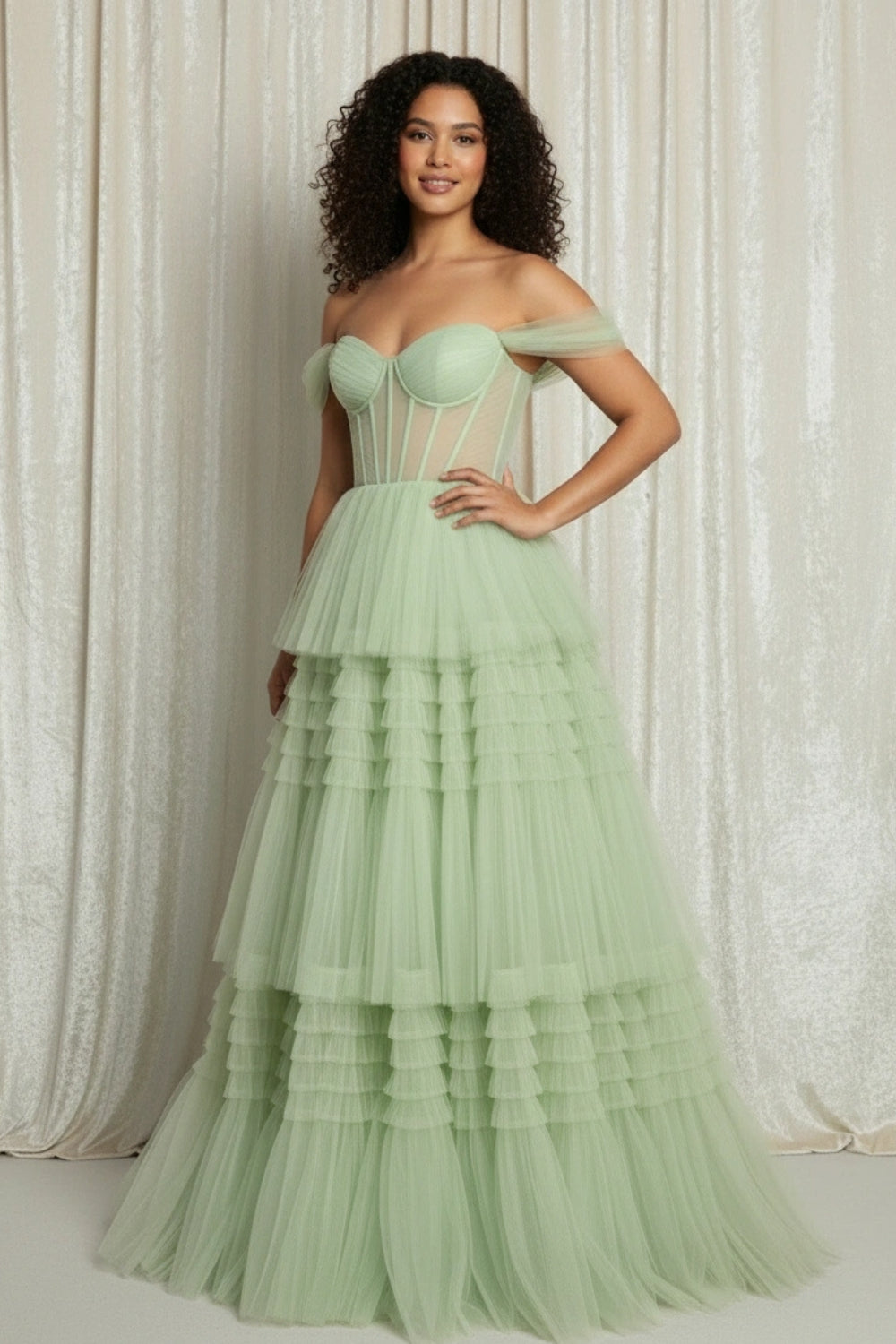 Tiered Skirt Off-the-shoulder Illusion Waist Tulle Prom Dress with Lace-up Back
