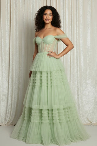 Tiered Skirt Off-the-shoulder Illusion Waist Tulle Prom Dress with Lace-up Back