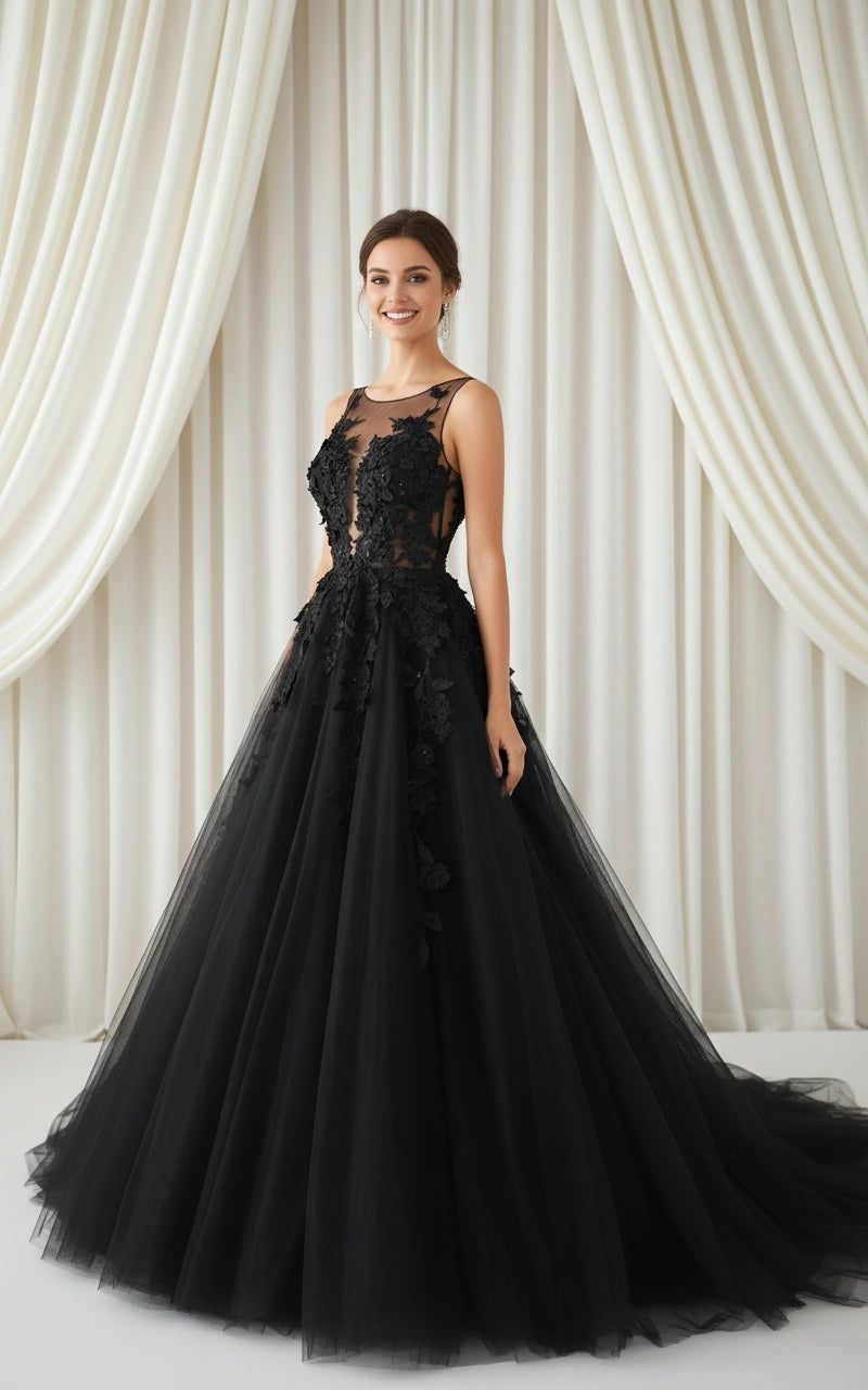Illusion Back Scoop Neck Lace Bodice Tulle Skirt Princess Evening Dress