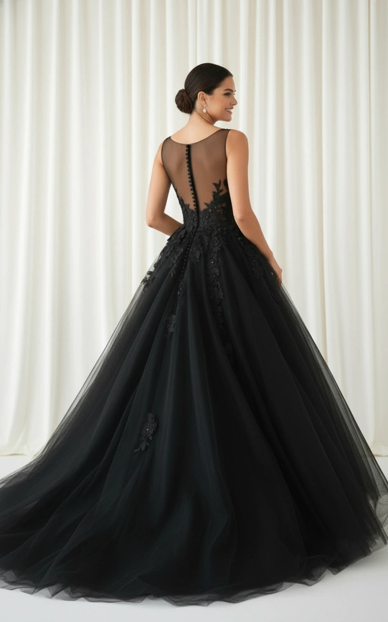 Illusion Back Scoop Neck Lace Bodice Tulle Skirt Princess Evening Dress