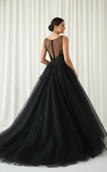 Illusion Back Scoop Neck Lace Bodice Tulle Skirt Princess Evening Dress