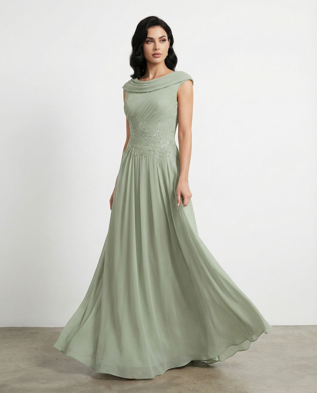 Cowel Cap Sleeves Pleated Bodice A-line Chiffon Dress with Appliques