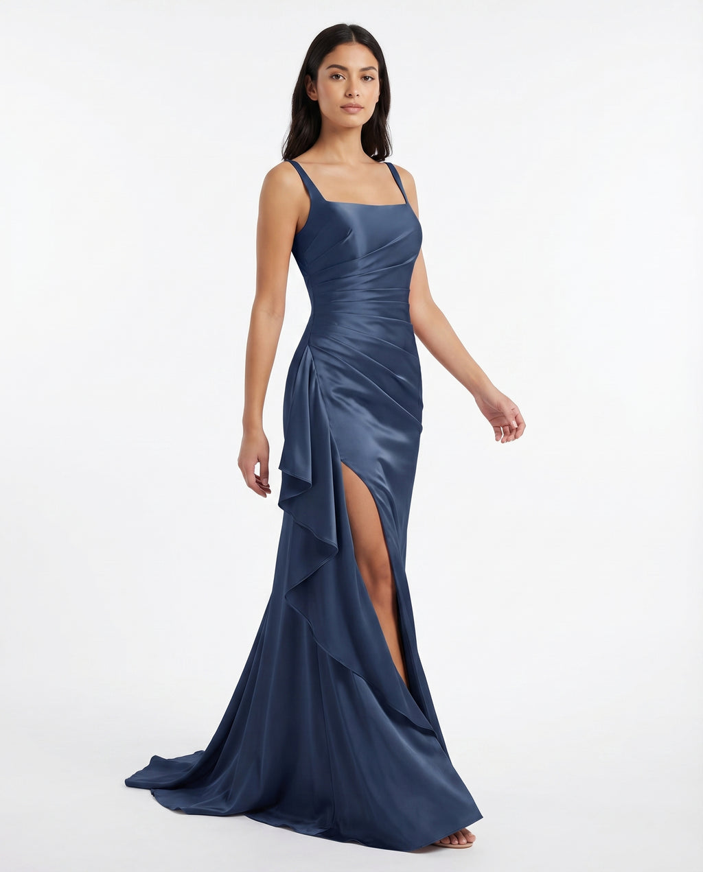 Square Neckline Satin Sheath Prom Dress with Slit