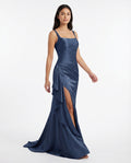 Square Neckline Satin Sheath Prom Dress with Slit
