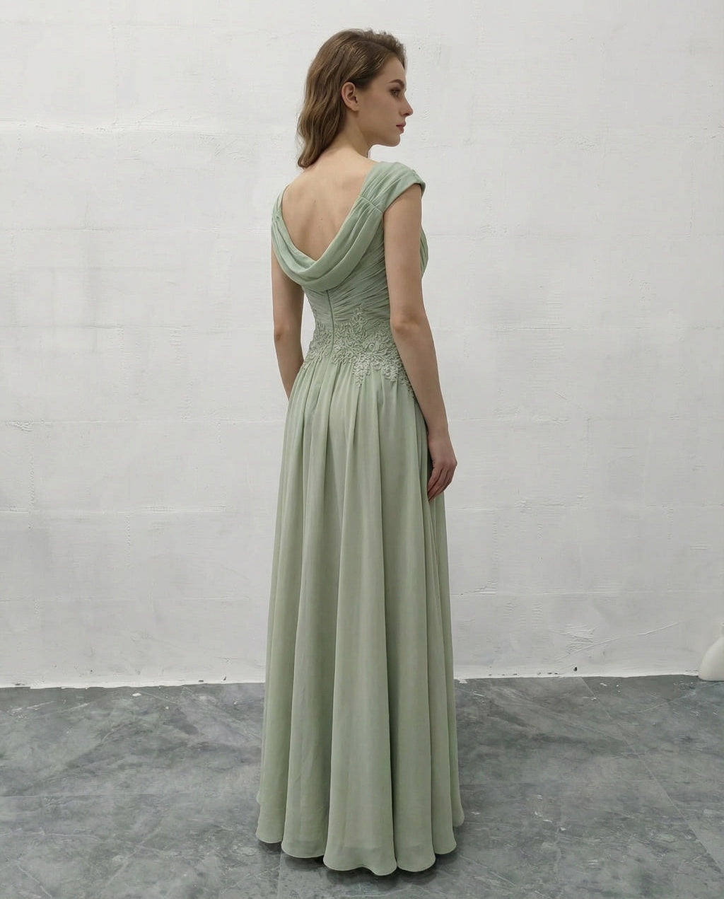 Cowel Cap Sleeves Pleated Bodice A-line Chiffon Dress with Appliques