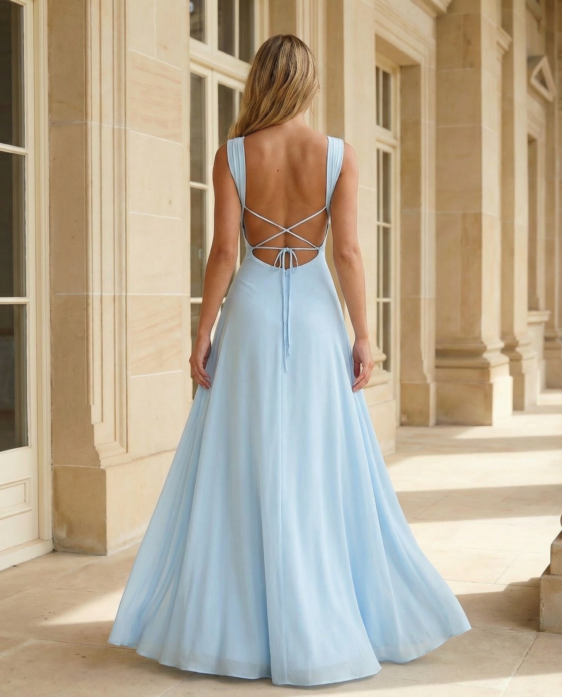 Strappy Back A-line Chiffon Maxi Dress