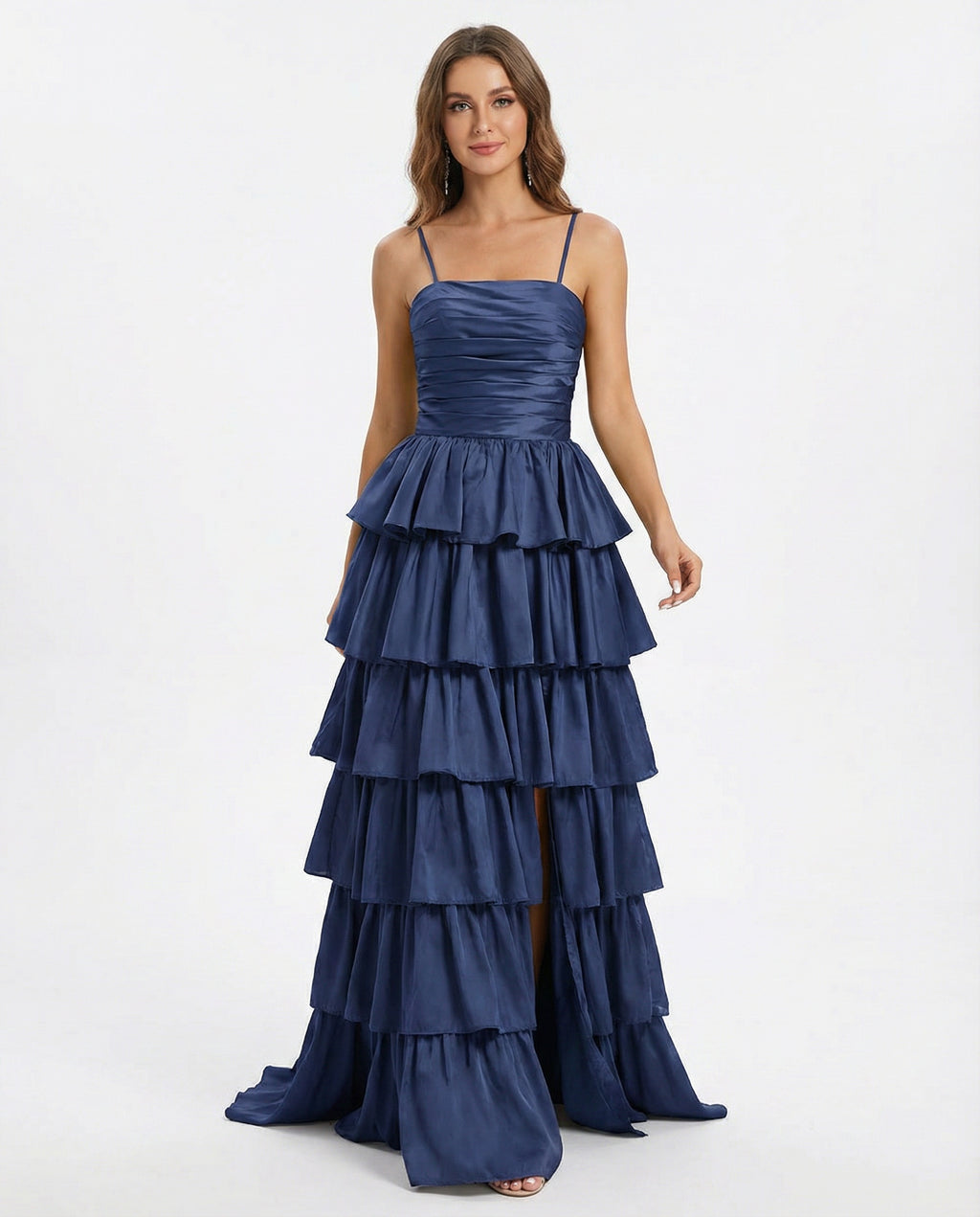 Taffeta Layered Skirt Maxi Dress with Slit