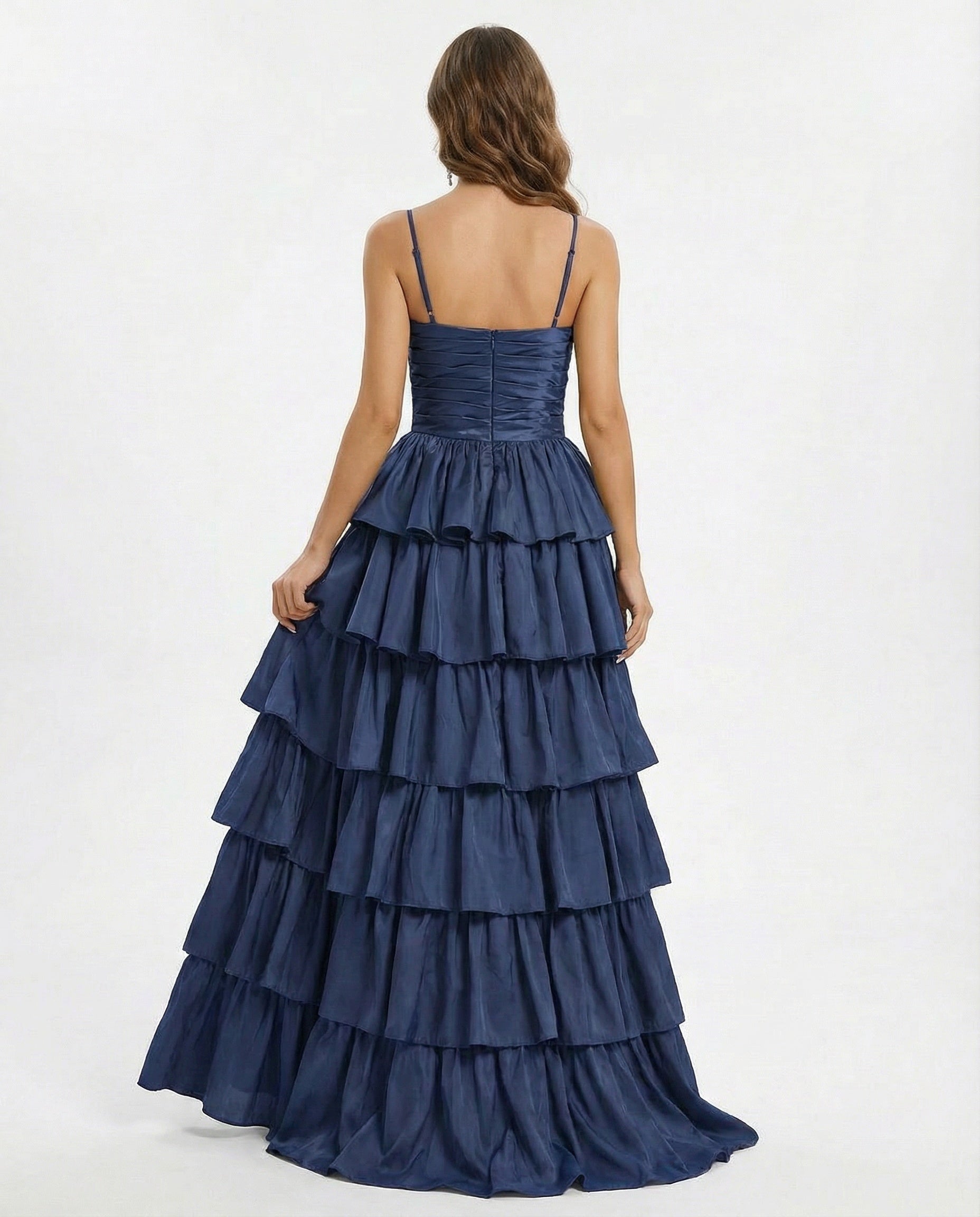 Taffeta Layered Skirt Maxi Dress with Slit