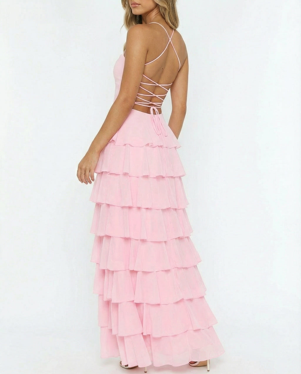 Layered Skirt Chiffon Maxi Dress with Slit and Strappy Back