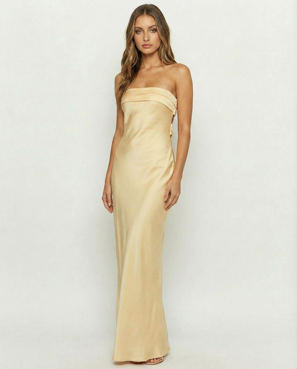 Strapless Satin Sheath Gown with Back Vent