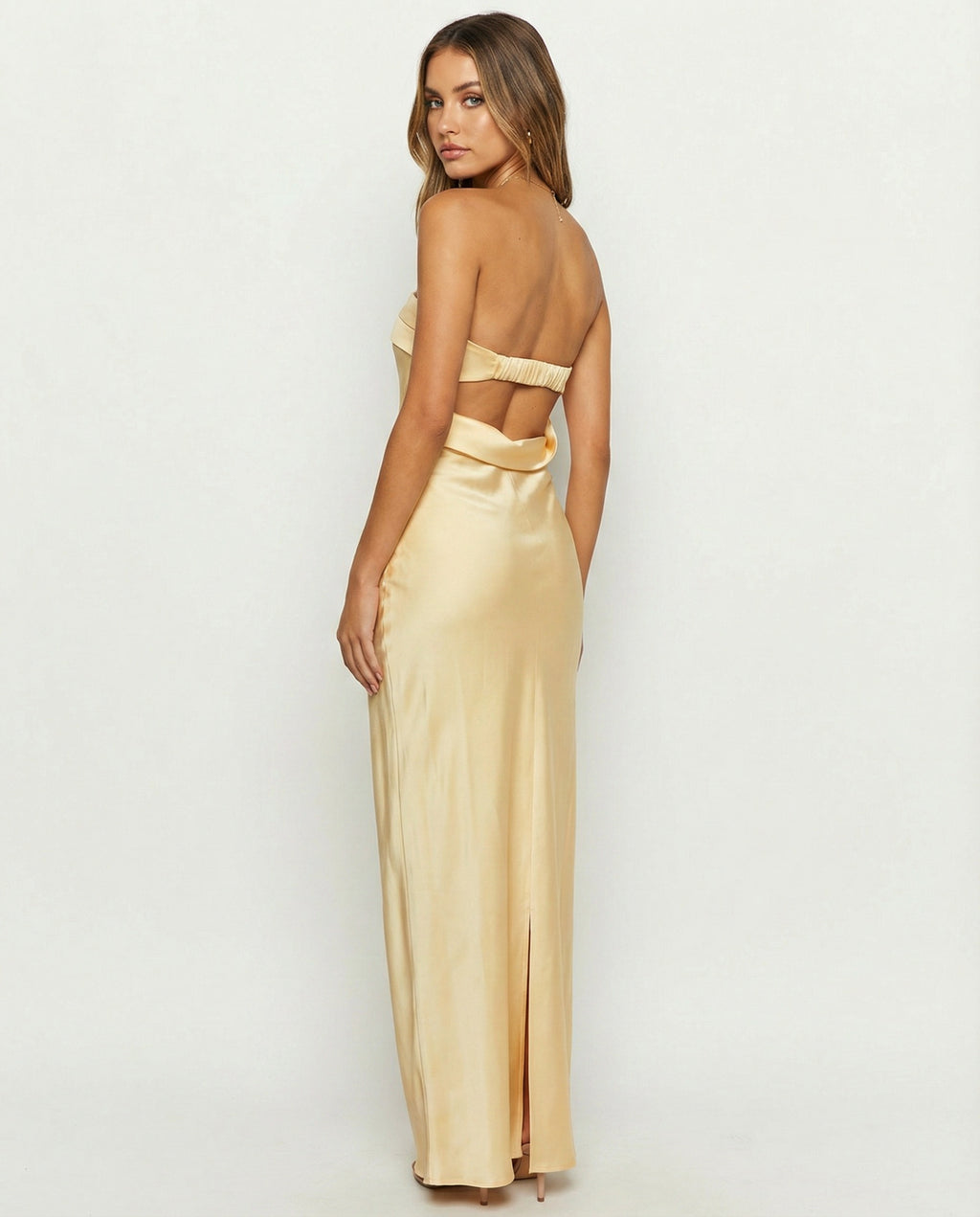 Strapless Satin Sheath Gown with Back Vent