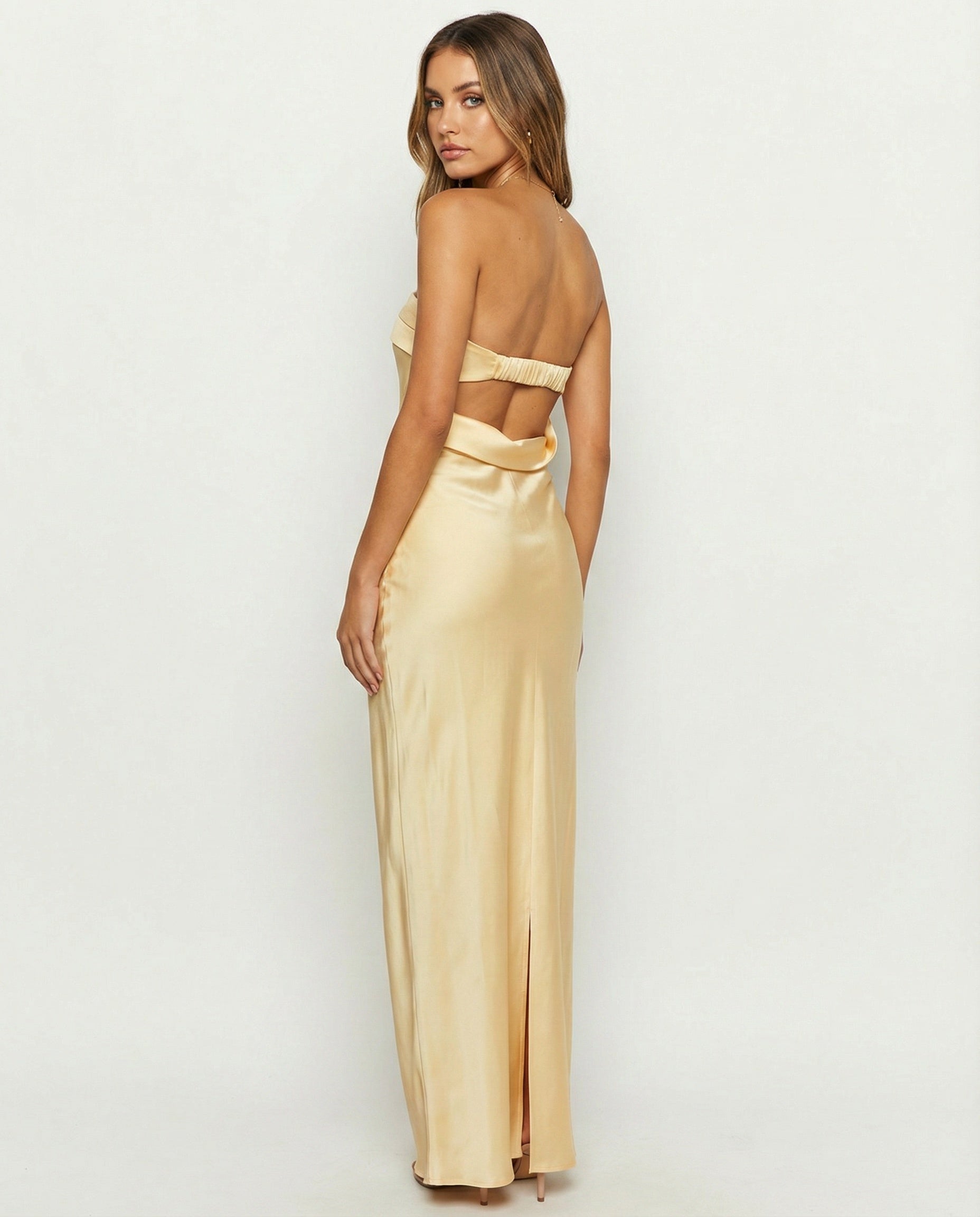 Strapless Satin Sheath Gown with Back Vent